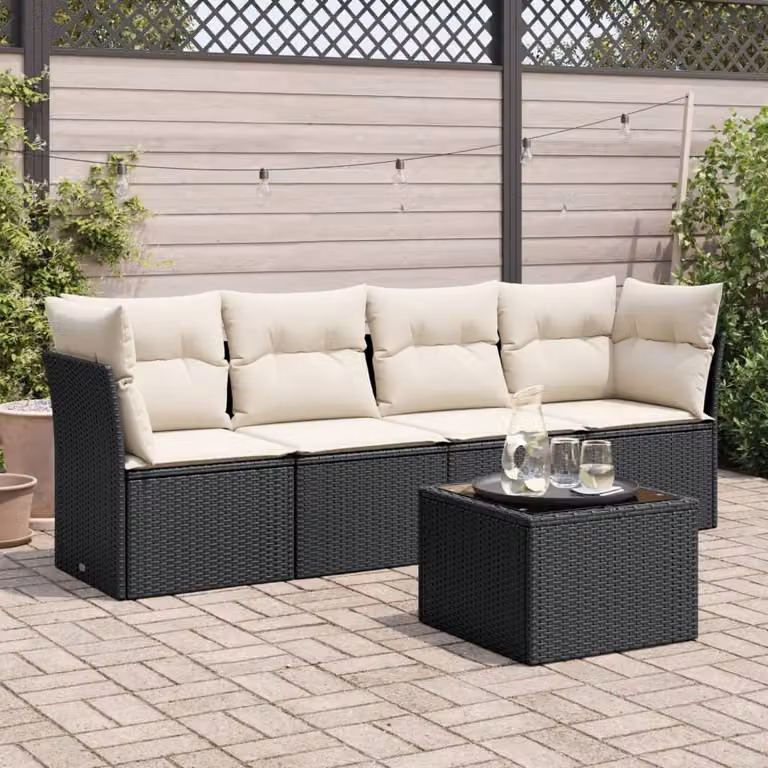 vidaXL Set Divani da Giardino 5 pz a Forma a L in Polyrattan Nero con Cuscini e Tavolino da Caffè