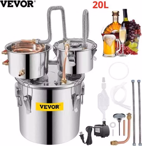 Distillatore di alcol Vevor da 20L in acciaio inossidabile e silicone, colore argento