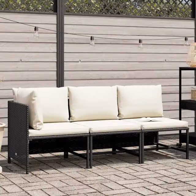 Set di Divani da Giardino a L vidaXL in Rattan con Cuscini Bianchi e Struttura in Metallo Nero – 1