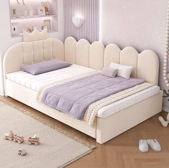 Letto daybed a L con letto estraibile in velluto beige per cameretta bambini, design moderno con chaise asimmetrica, L/P: 200 x 90 cm