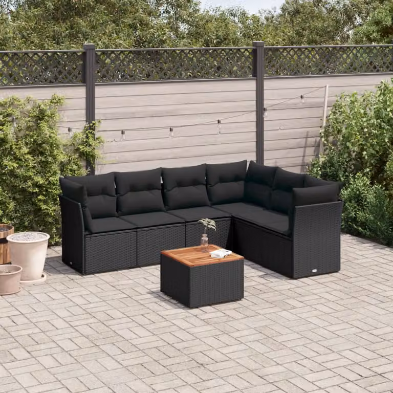 vidaXL Set Divano da Giardino a L con Cuscini 7pz in Polyrattan Nero e Marrone con Tavolino da Esterno e Struttura in Metallo