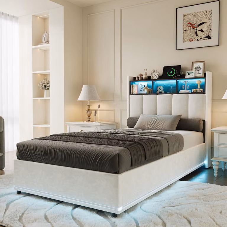 Letto imbottito INONEFT, 90x200 cm, con struttura a molle e spazio contenitore ad apertura idraulica, letto per ragazzi con illuminazione a LED e prese USB, rivestito in velluto, colore beige