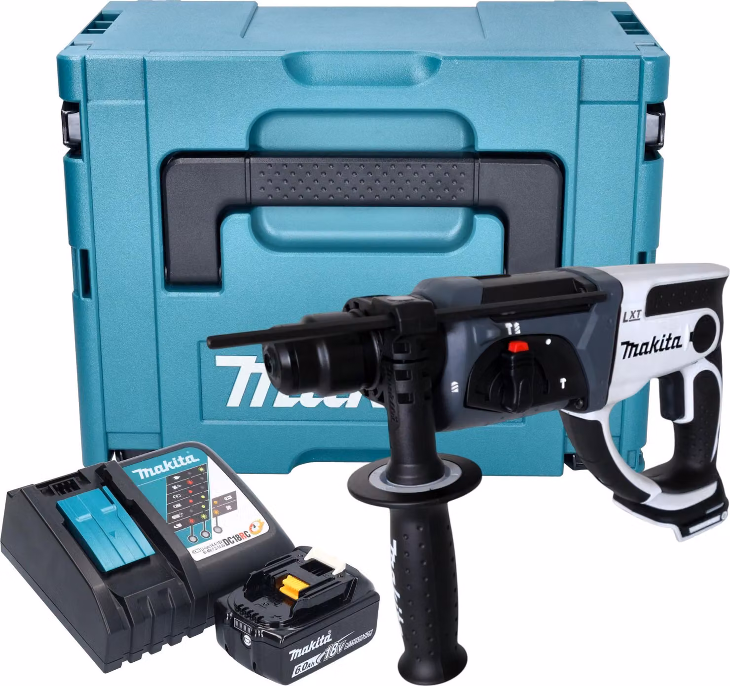 Makita DHR 202 RG1JW Trapano a percussione a batteria 18 V 20 mm 2,0 J bianco + 1x batteria 6,0 Ah + caricabatteria + Makpac