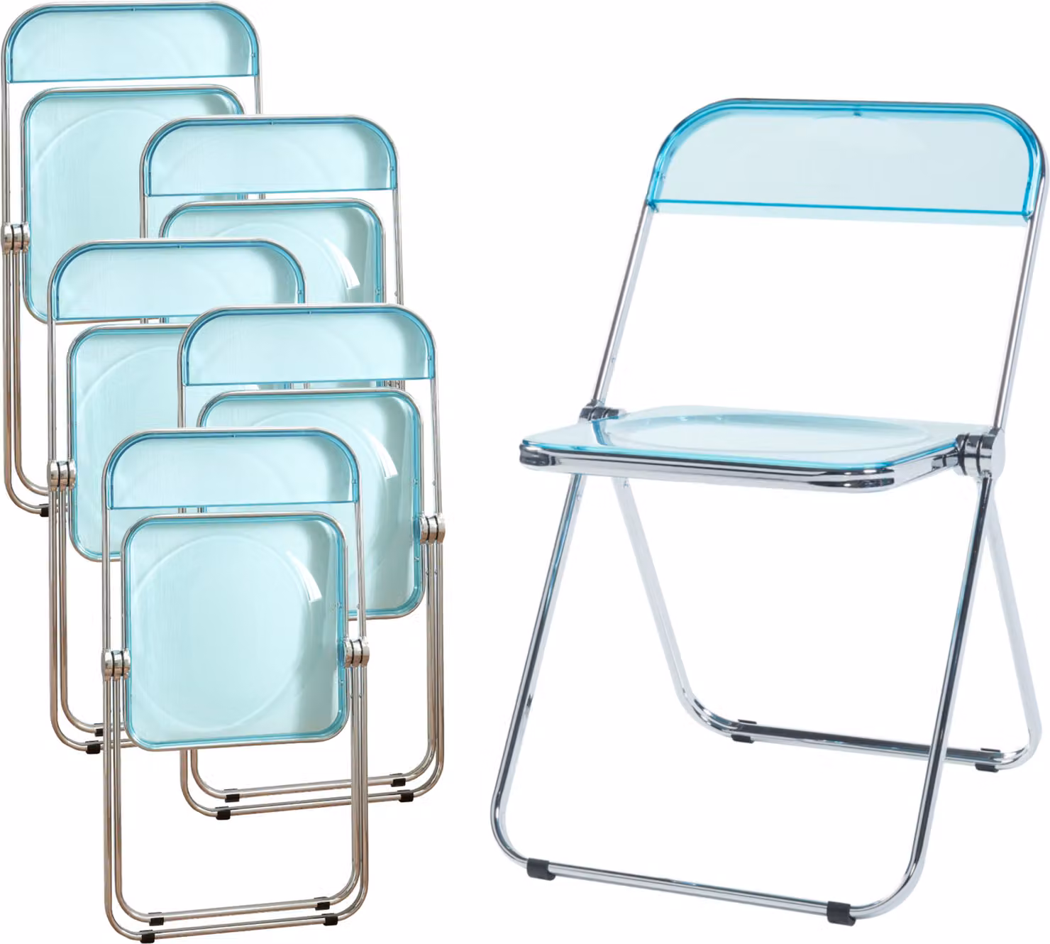 Sedia pieghevole 'Pornainen', set di 6 sedie con struttura in acciaio blu chiaro, trasparente