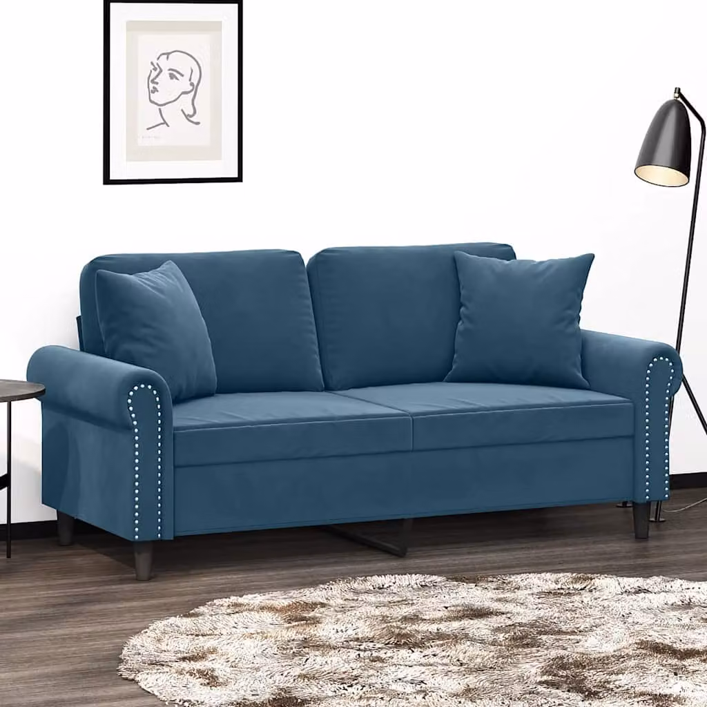 vidaXL Divano a 2 Posti Moderno in Velluto Blu con Cuscini e Struttura in Metallo – 1