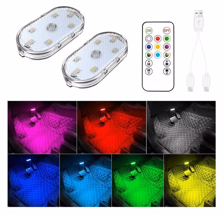 Illuminazione interna per auto a LED, 2 pezzi, 7 colori, con telecomando, ricaricabile