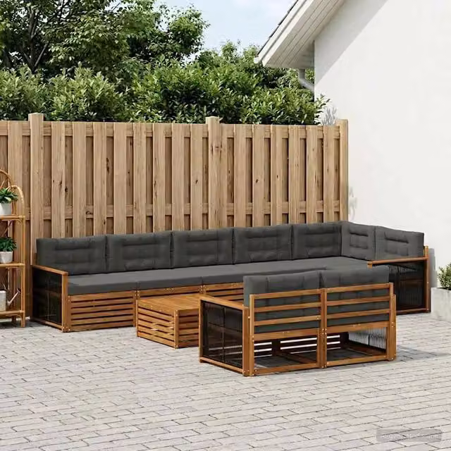 Set di divani da esterno a forma di U vidaXL in legno di acacia con cuscini grigi, 9 pezzi