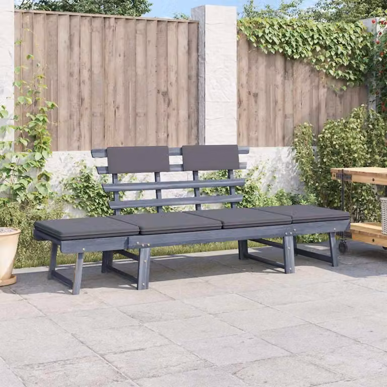 vidaXL Panca da Giardino 2-in-1 in Legno di Acacia Massello con Cuscini Grigio L: 190 cm