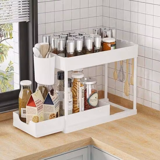 Organizzatore sottolavello per la cucina - Mobiletto estraibile a 2 ripiani - Con portabicchieri e ganci - Sistema di stoccaggio versatile - Adatto per bagno e cucina - Salvaspazio - Bianco