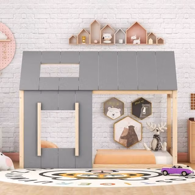 Letto a casetta per bambini 90 x 200 cm in pino e MDF; naturale e grigio
