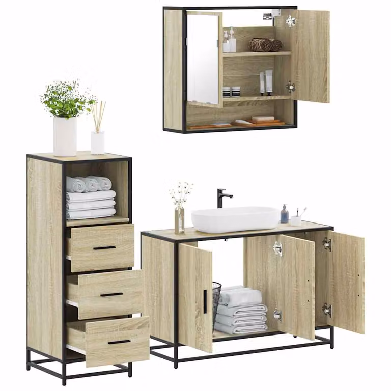 Set di mobili da bagno 3 pezzi vidaXL in stile industriale color rovere con mobile lavabo e armadietto specchio L/P/H: 90 x 33 x 60 cm