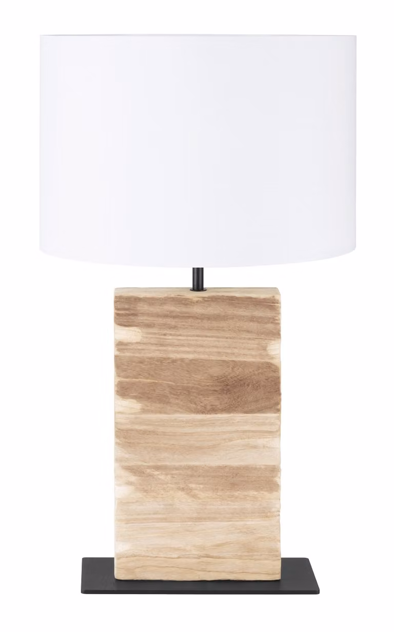 Lampada da tavolo - Bianco - Marrone - Nero - H 63 cm - Legno - Acciaio - Paralume in tessuto - Angolare