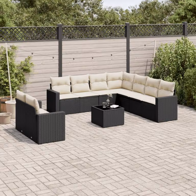 Set di divani da giardino vidaXL in polyrattan nero con cuscini e tavolino da esterno a forma di U