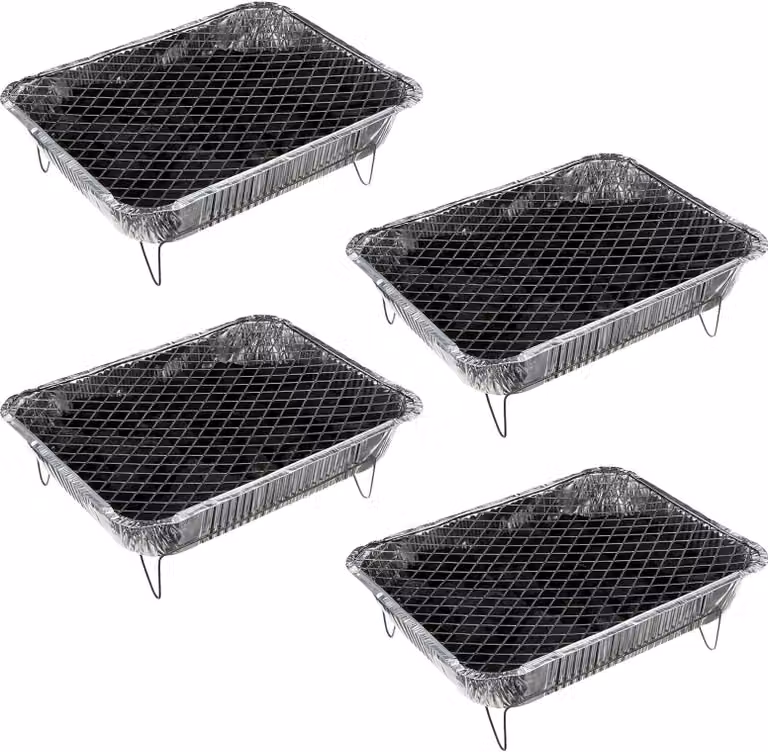 Griglia monouso in alluminio completa, con carbone e accendifuoco, ideale per picnic, barbecue e campeggio. Griglia usa e getta