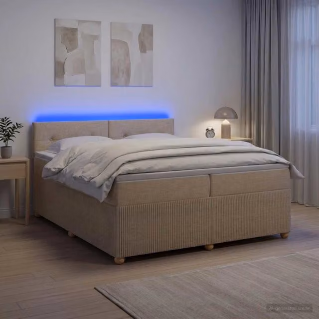 Letto box spring con materasso ibrido vidaXL in tessuto beige e bianco, con base contenitore a sollevamento, illuminazione sottostante e porta di ricarica USB, L/P: 200 x 200 cm
