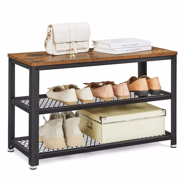 Panca Portascarpe in Stile Industriale, Marrone Vintage + Nero / 73 x 30 x 45 cm