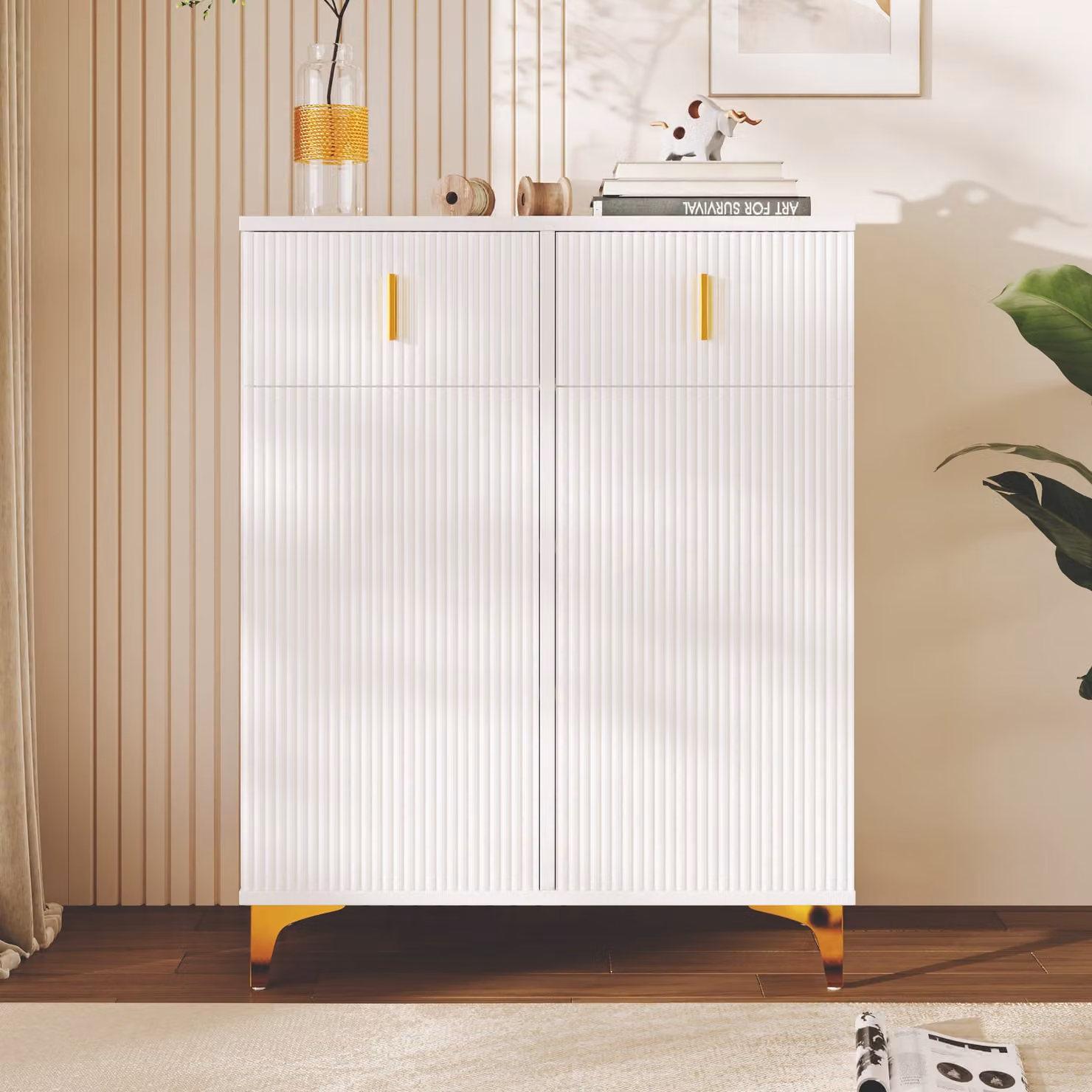 Flieks elegante cassettiera con 2 cassetti, credenza con 2 ante, scarpiera con pannelli strutturati, armadio cassettiera per camera da letto, 83x35x101cm, bianco