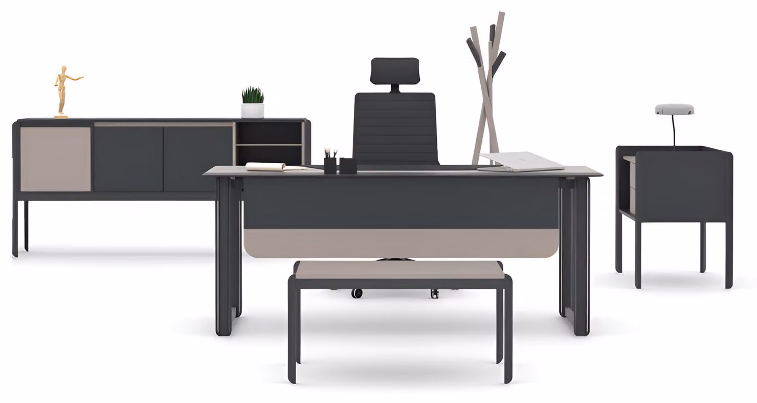 Schwarz-Beiges Büro-Set Edler Schreibtisch Designer Sideboard Tische