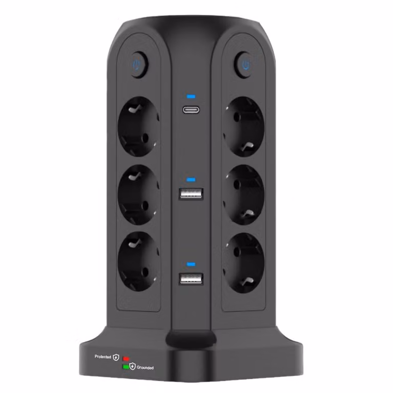 Multipresa 15 in 1 con interruttore, design verticale, 12 prese, 3 porte USB, multipresa a torre con cavo da 2 m, nero