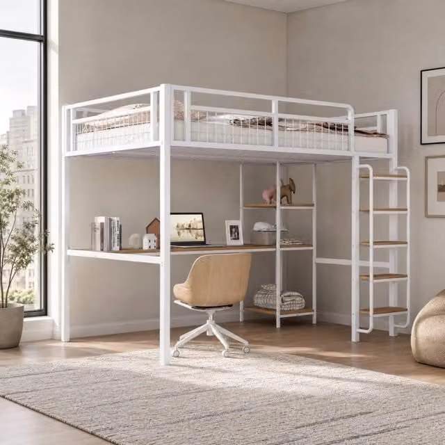 Letto a soppalco matrimoniale moderno bianco con scala, scomparti laterali e scrivania L/P/H: 200 x 140 x 203,5 cm