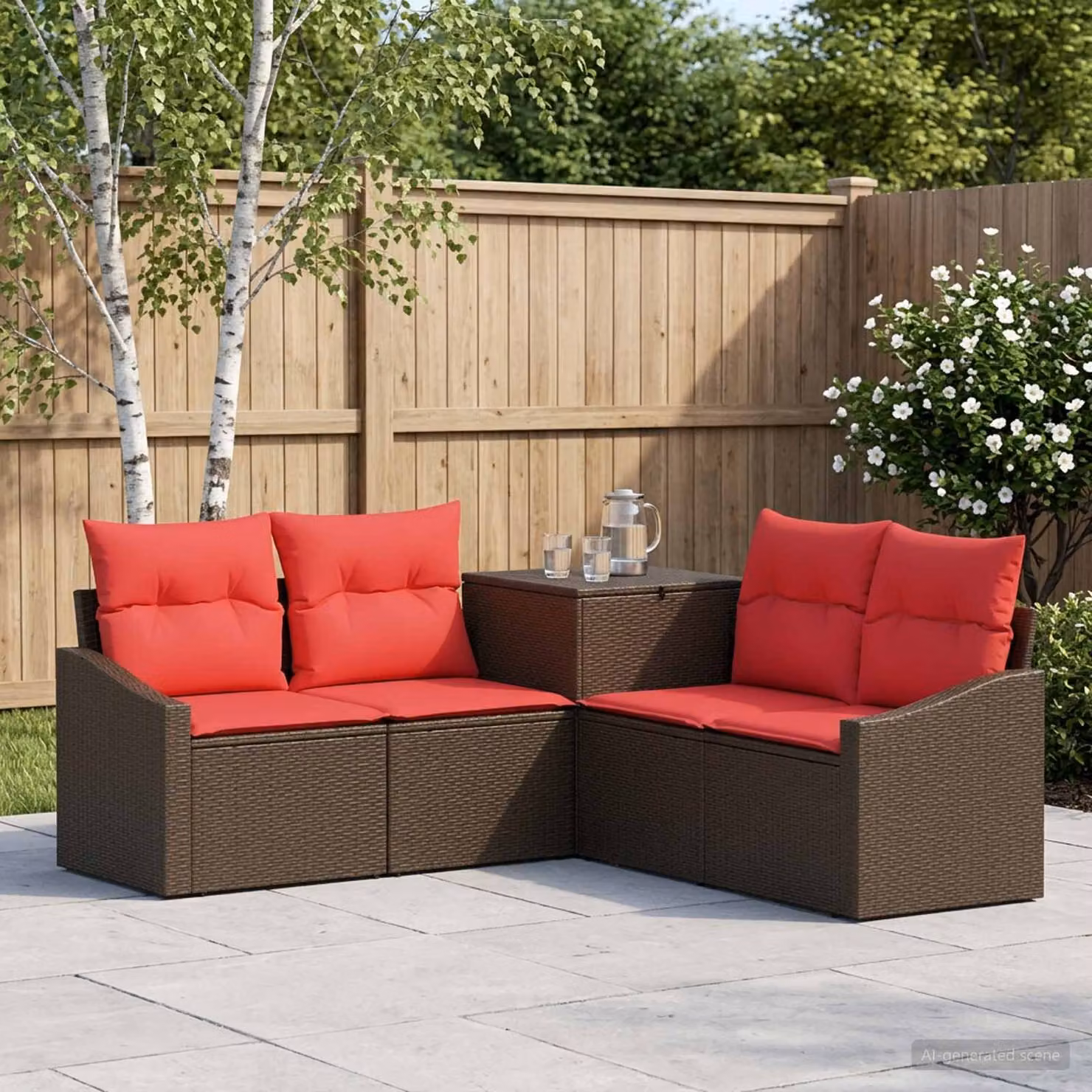 Set di divani da giardino vidaXL a forma di L con 5 pezzi in polyrattan e metallo, colore marrone e rosso con cuscini inclusi