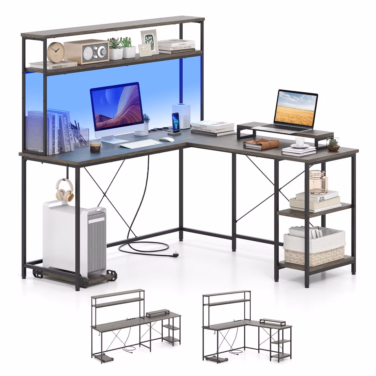 COSTWAY Scrivania angolare a L 145x145cm scrivania reversibile per computer Scrivania per ufficio con LED, prese, ripiani, ganci per cuffie e supporto per monitor Grigio