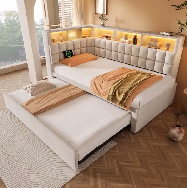 Letto imbottito in lino 90x200 cm con letto estraibile 90x190 cm, LED, altoparlante Bluetooth, porte USB e Type-C, testiera a L con ripiani, beige senza materasso