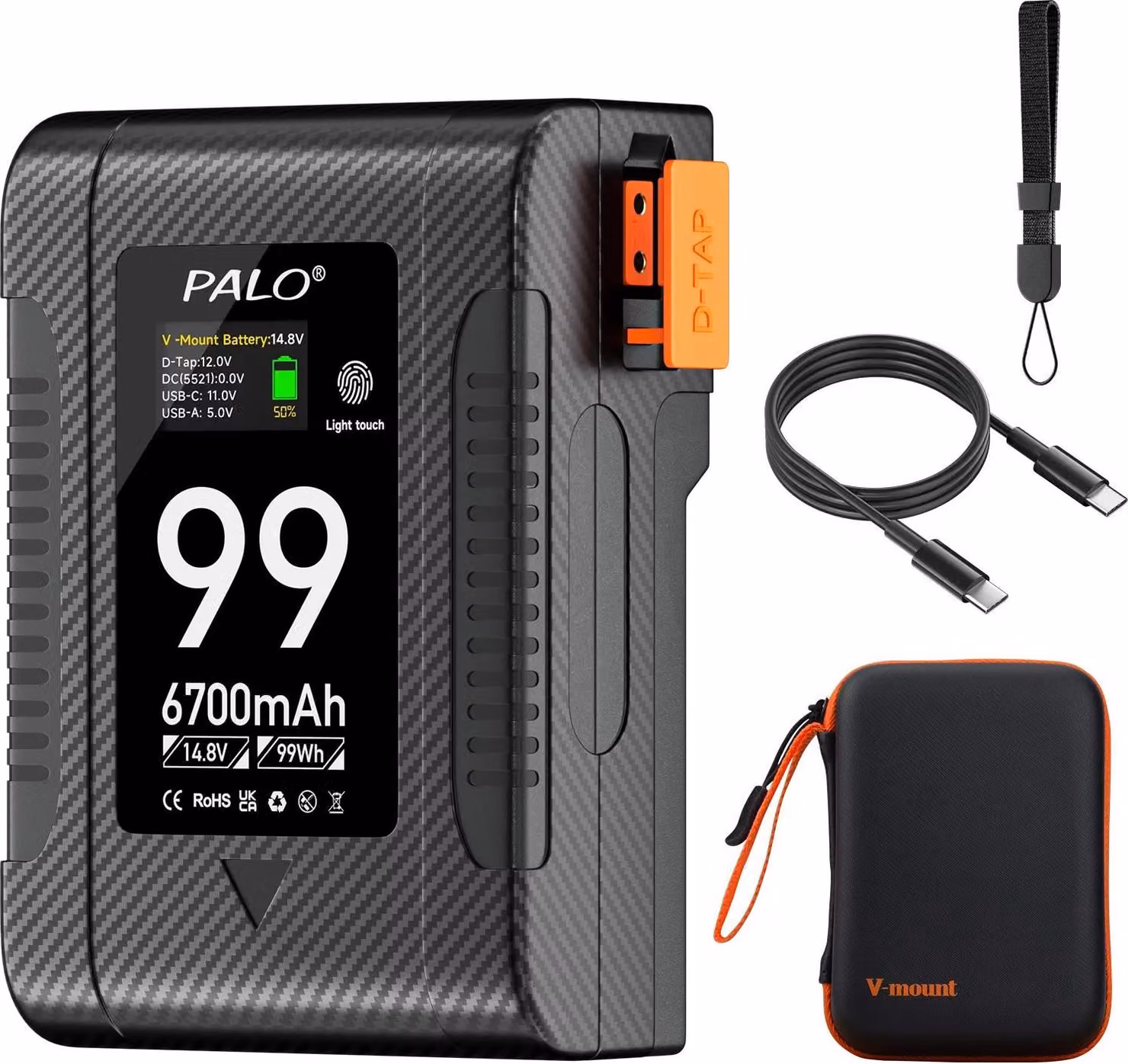 Batteria con montaggio a V, alta capacità (6700 mAh/13500 mAh), opzioni di ricarica multiple, BP-99W-C
