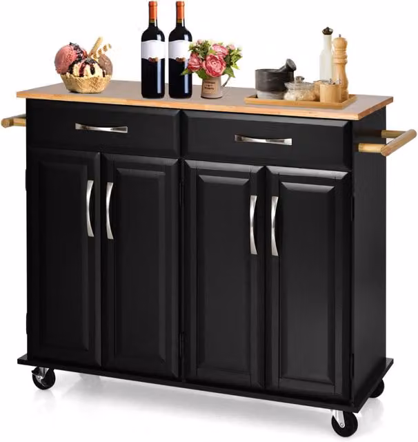 Carrello da cucina con piano di lavoro in legno di gomma 4 ante ripiani regolabili-Scaffale-Carrello porta utensili Nero