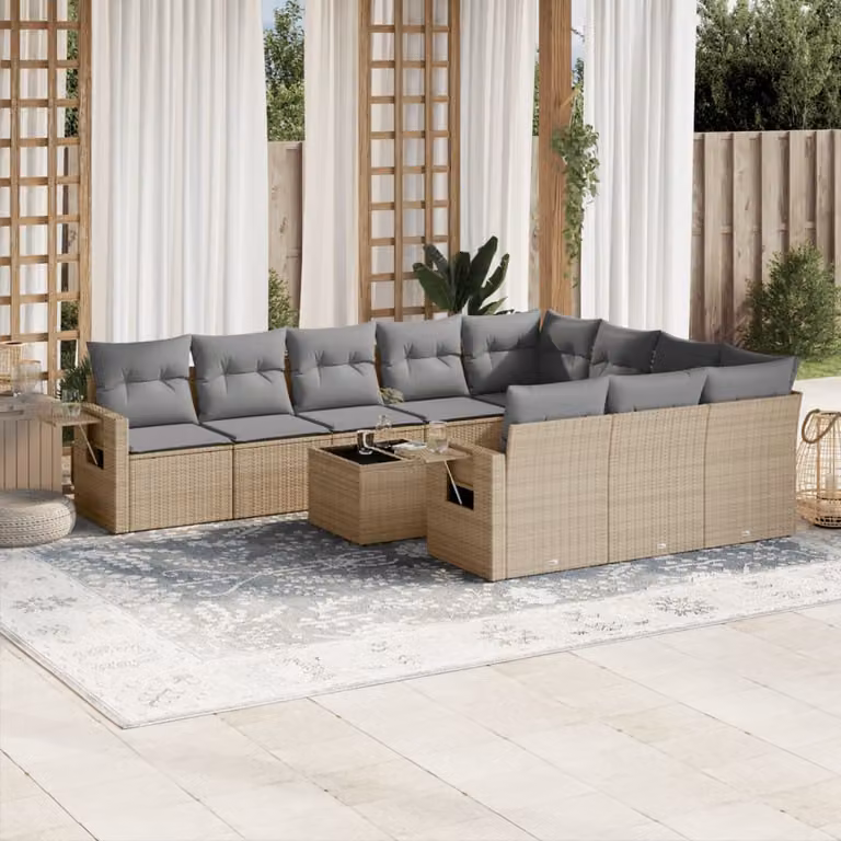 Set di divani da giardino vidaXL 11 pz in polyrattan beige con cuscini e tavolino da esterno