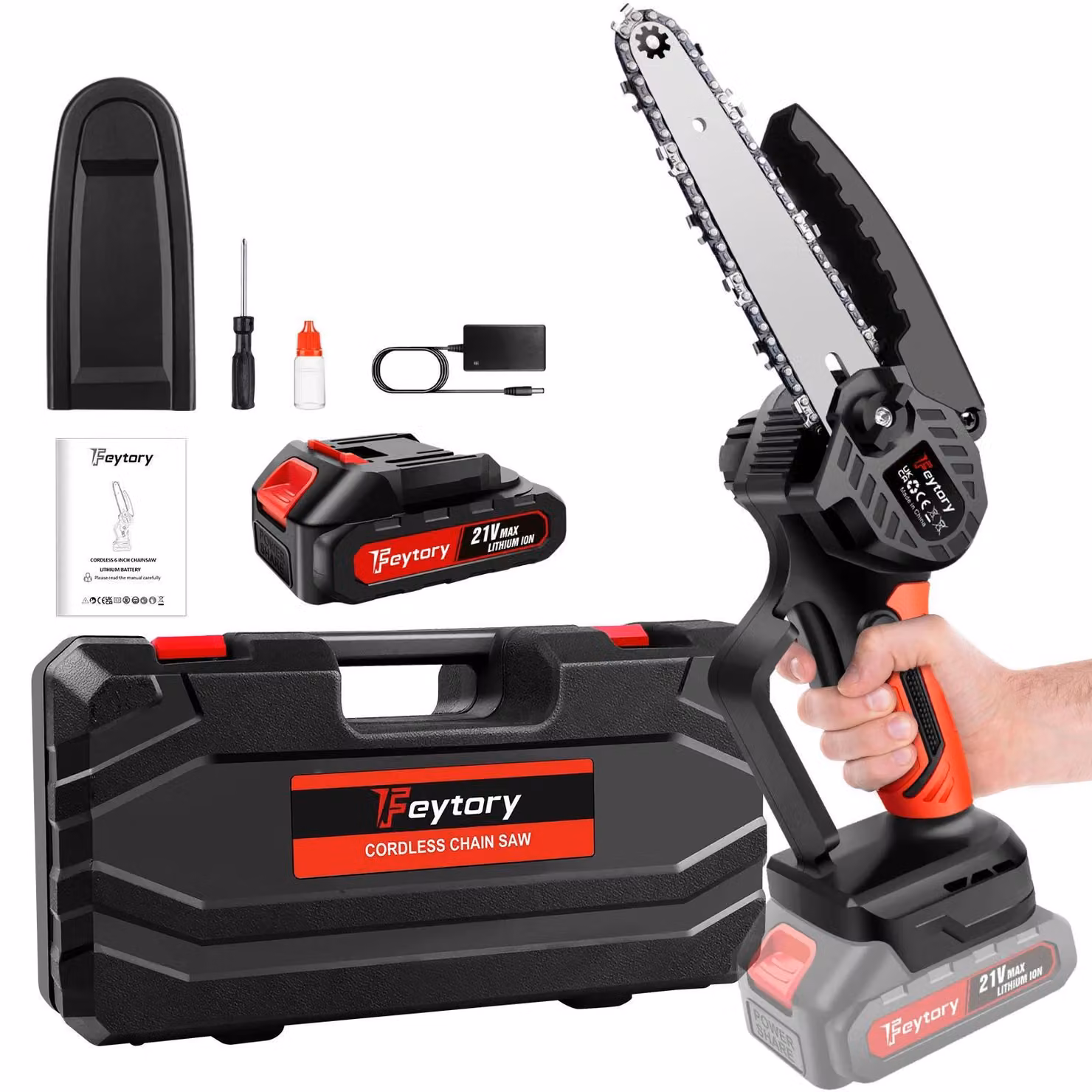 Mini motosega - Motosega a batteria da 15 cm - Potenza 6000 W - Tensione 21 V - 1 batteria da 1500 mAh - Regime a vuoto 3500 giri/min - Peso 2 kg