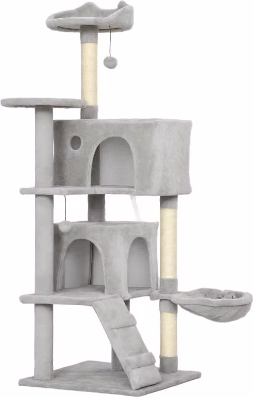 Albero per gatti Moonbite, 140 cm, con amaca, scala e piattaforma a forma di orecchie da gatto, pali in sisal per graffiare, rifugi, sistema anti-ribaltamento, adatto per 1-3 gatti, in poliestere, colore grigio chiaro