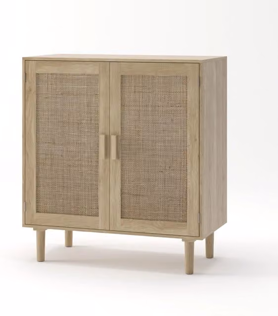 Armadio in Rattan 80 cm con Due Ante e Maniglie in Legno Massello, Colore Naturale