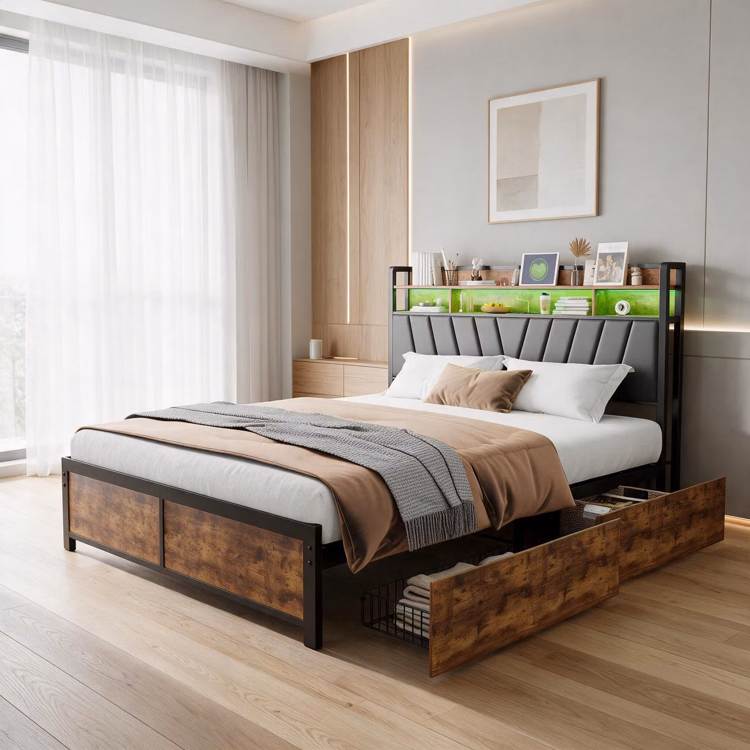 Letto imbottito INONEFT 140x200 con illuminazione LED e funzione di ricarica USB, struttura in metallo con testiera e spazio contenitivo, 4 cassetti, rivestito in PU, colore nero, senza materasso