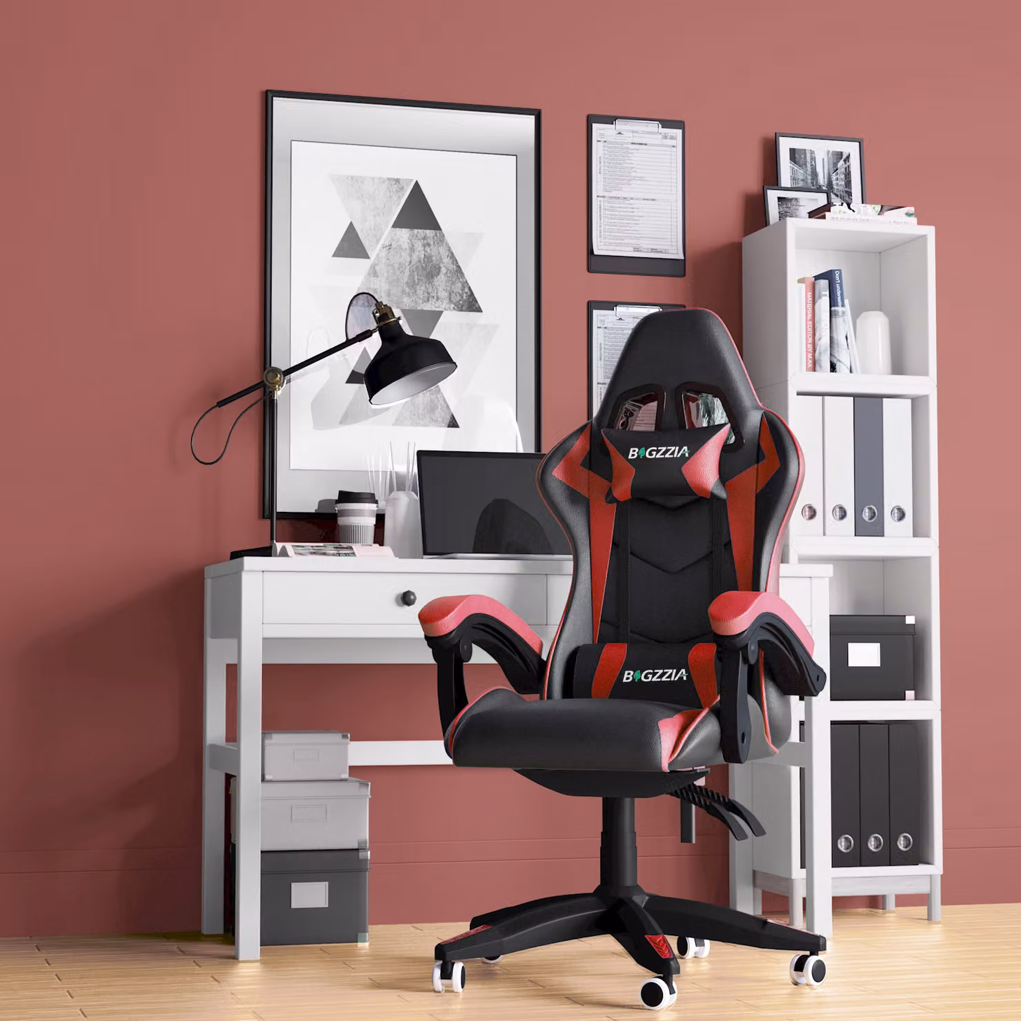 Sedia da ufficio Bigzzia, sedia da gioco, poltrona da gioco, sedia da scrivania, design ergonomico con cuscino, fino a 110 kg, rosso