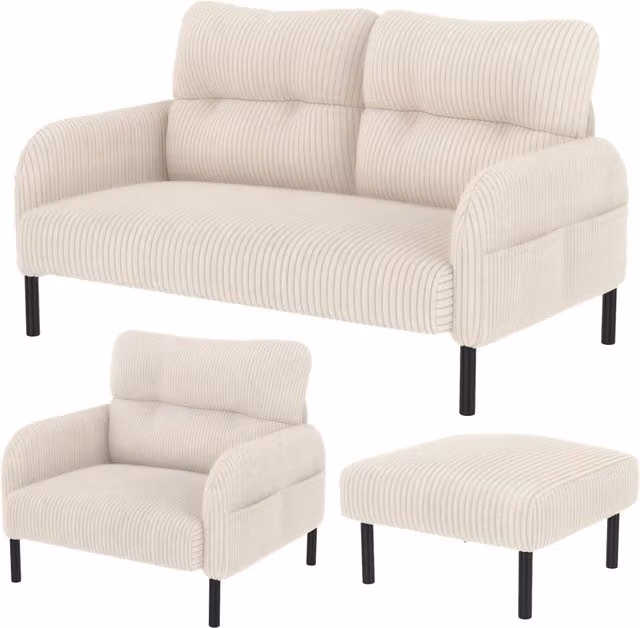 Set di divano a 2 posti, poltrona e pouf Chicfurn in velluto a coste beige con schienale ergonomico e struttura in legno e metallo