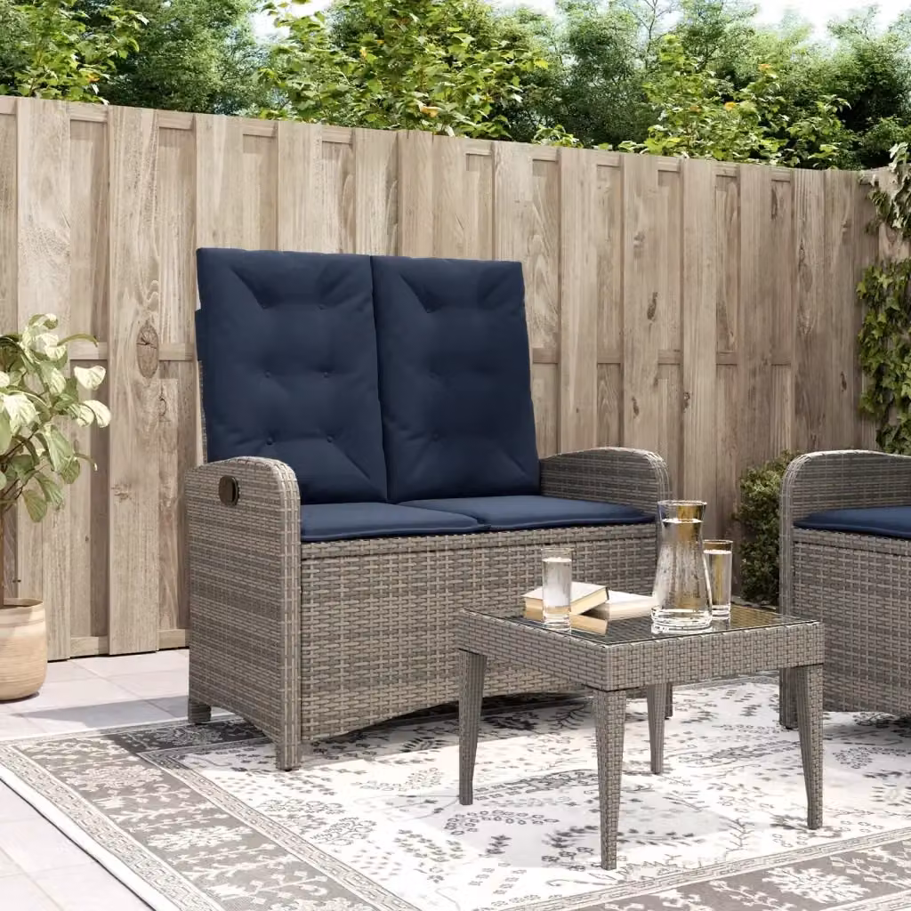 Panchina da Giardino Moderna in Polyrattan e Metallo con Braccioli, Grigia e Blu, L: 110 cm, P: 59 cm, H: 93 cm – 2