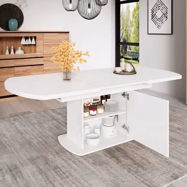 Tavolo da pranzo rettangolare allungabile REDOM bianco e argento in materiale composito e metallo