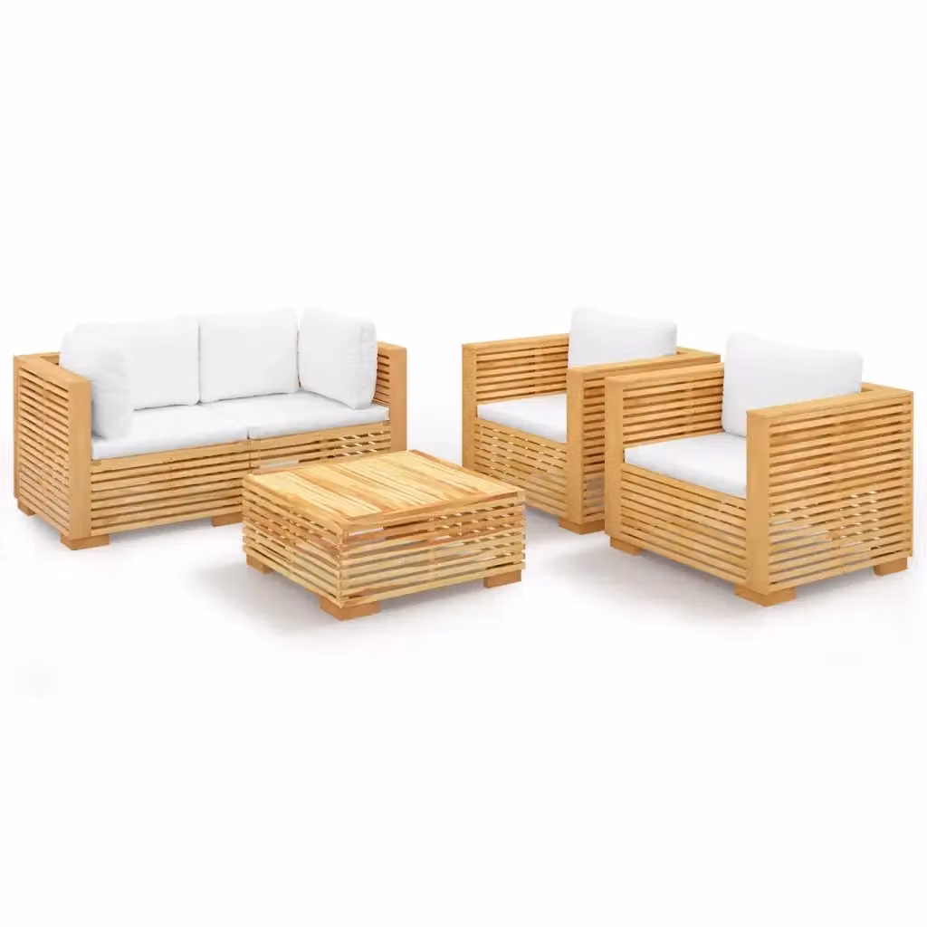 Set di Divani da Giardino vidaXL in Legno di Teak con Cuscini Bianchi 5 Pezzi – 2