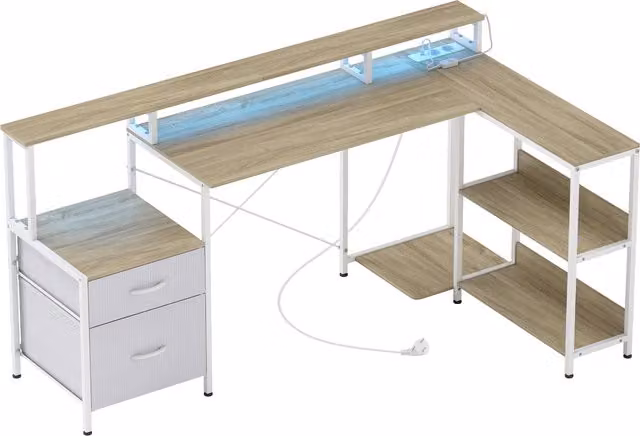 Scrivania Angolare per Computer HOMCOM con Luci LED RGB, Prese Integrate, Supporto per Schermo e 2 Cassetti, Bianco