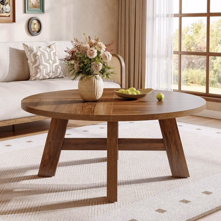 Tavolino rotondo Tribesigns, 100 cm Tavolino rotondo Mid-Century Modern con traversa rinforzata, tavolino basso in legno per soggiorno, noce