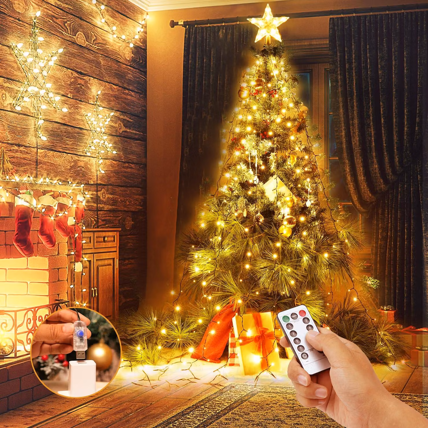 Catena luminosa per albero di Natale, 8x2 metri, 280 LED, alimentazione USB, 8 modalità, luce bianco caldo