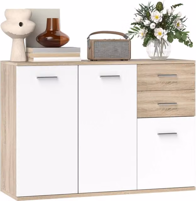 Credenza Xylo con 2 cassetti e 3 ante, Bianco e legno naturale, L: 106 cm, P: 35 cm, H: 76 cm