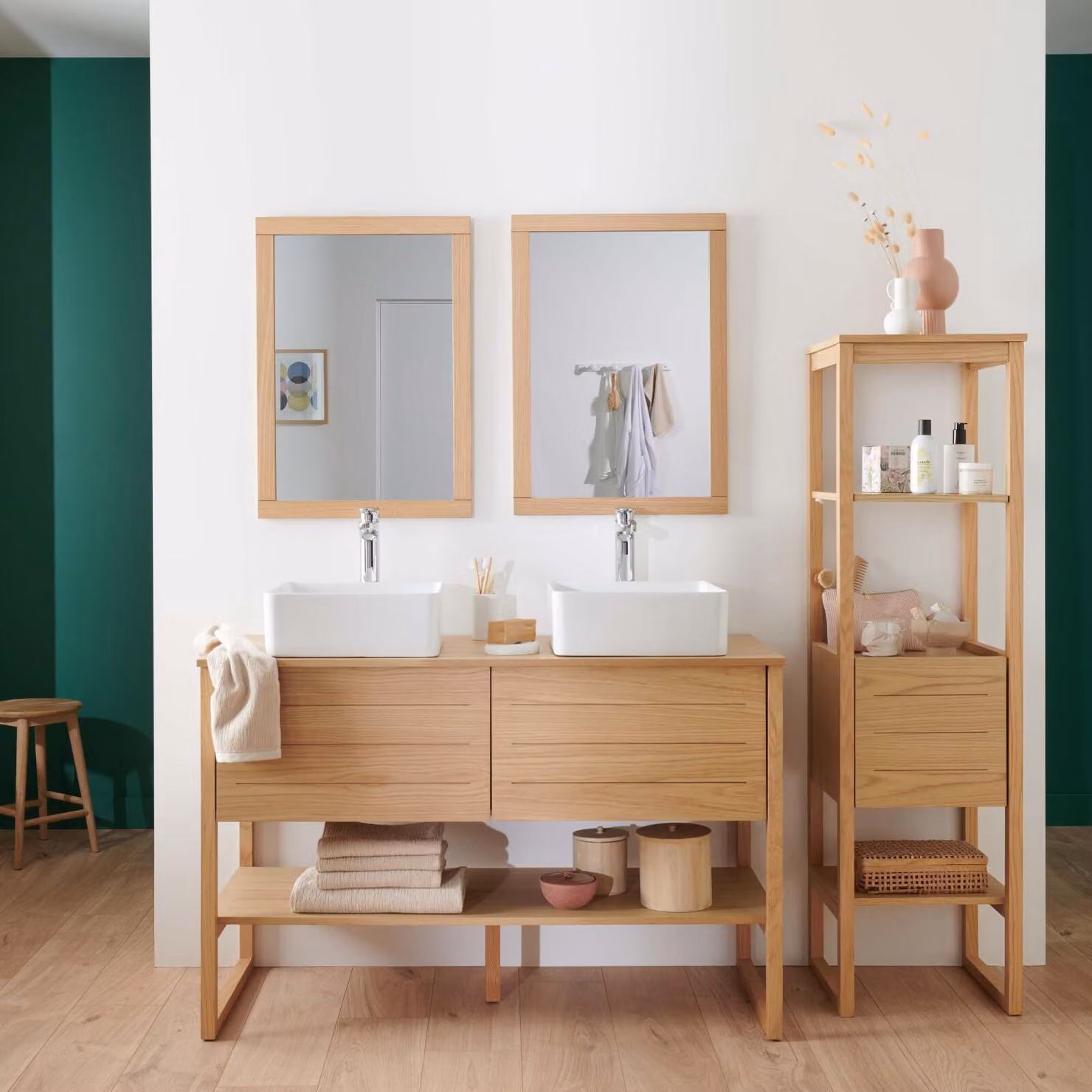 Mobile doppio 120cm rovere lavabi quadrati specchi colonna ATOLL