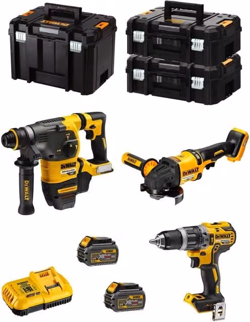 Kit DeWALT FVK381T2-QW 54V/18V con Perforatore DCH333, Avvitatore DCD796, Smerigliatrice DCG418, 2 Batterie da 6,0 Ah, Caricatore DCB118 e 2 Contenitori TSTAK II e TSTAK VI Giallo – 1