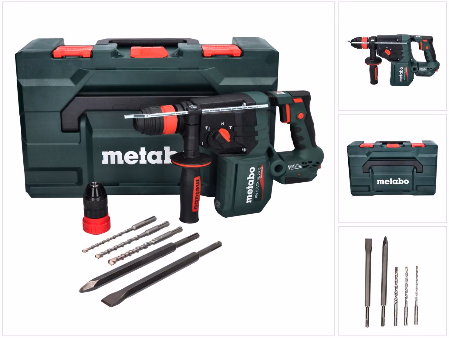 Metabo KH 18 LTX BL 28 Q Trapano a percussione a batteria 18 V 3 J SDS plus Brushless + set di 5 punte e scalpelli + metaBOX - senza batteria, senza caricabatteria