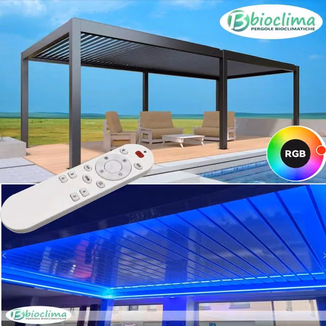 Pergola bioclimatica motorizzata con apertura lamelle e impianto LED RGB in colore Antracite L: 8 m x P: 4 m