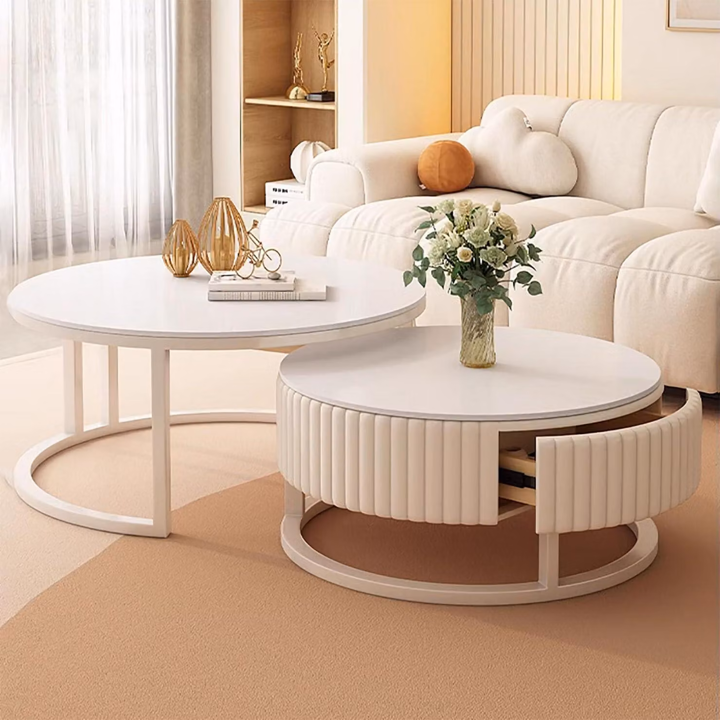 Set di tavolini da caffè rotondi, bianchi, composto da 2 pezzi, con spazio contenitore, diametro 80 cm