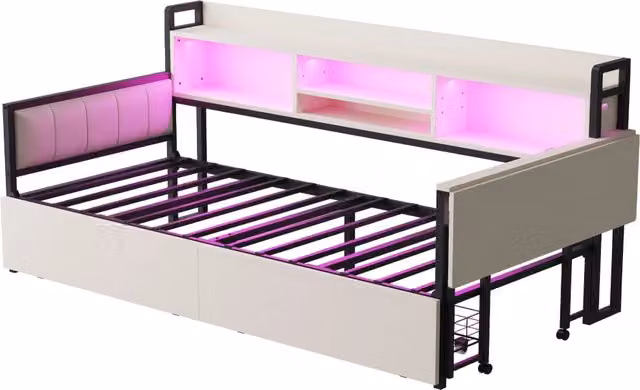 Letto singolo moderno in metallo bianco con cassetti, illuminazione LED, presa multifunzione e scrivania estraibile, L/P/H: 238.5 x 90 x 109.2 cm