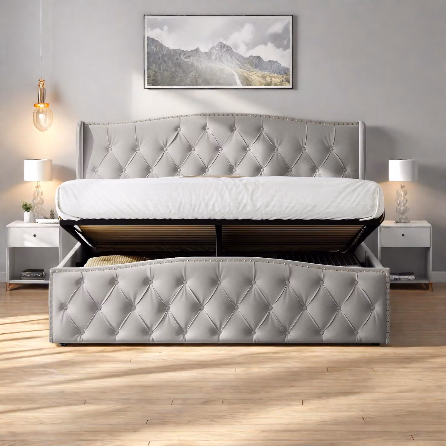 Letto matrimoniale Fortuna Lai 160x200 cm con rete a doghe e giroletto - Letto funzionale idraulico con testata regolabile in altezza, velluto